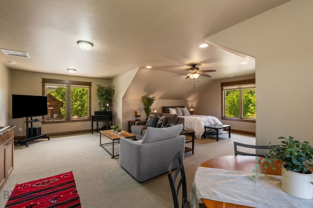 2497 Northview, Bozeman, MT 59715 - living room featuring light carpet, a ceiling fan, plenty of natural light, recessed lighting, and vaulted ceiling
