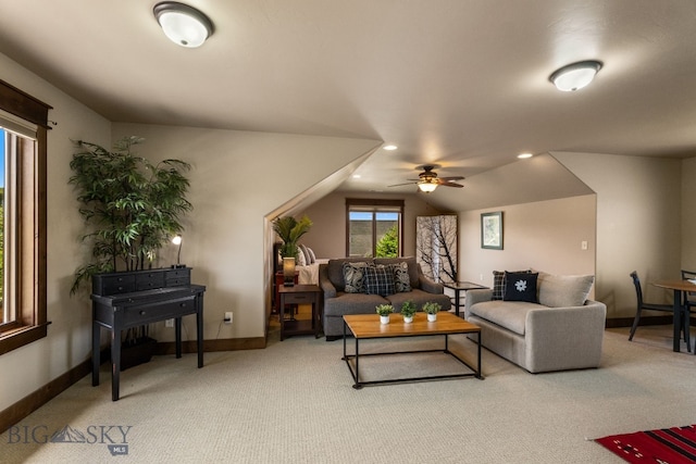 2497 Northview, Bozeman, MT 59715 - living room featuring a ceiling fan, light colored carpet, and lofted ceiling
