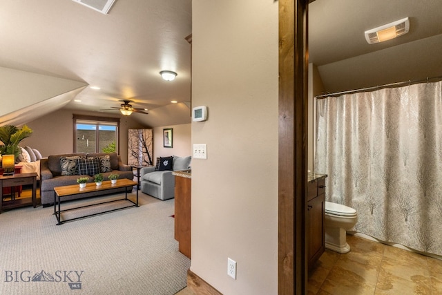 2497 Northview, Bozeman, MT 59715 - living room featuring vaulted ceiling and ceiling fan