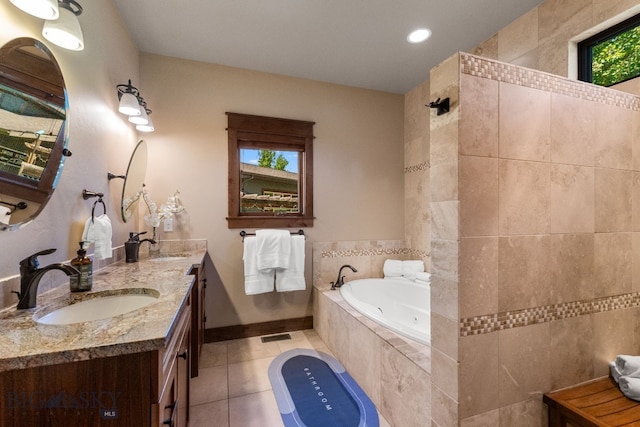 2497 Northview, Bozeman, MT 59715 - full bath featuring a tub with jets, double vanity, tile patterned flooring, recessed lighting, and tiled shower