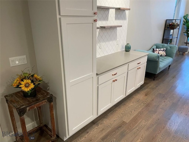 1792 Windrow Dr, Bozeman, MT 59718 - kitchen with dark wood finished floors, white cabinets, light countertops, and open shelves
