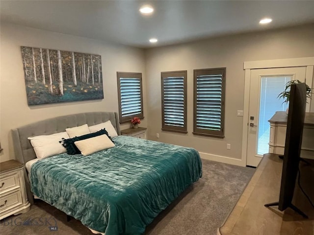 1792 Windrow Dr, Bozeman, MT 59718 - bedroom featuring dark colored carpet, recessed lighting, and access to exterior