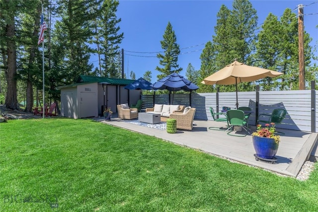 100 Nez Perce Rd, Butte, MT 59701 - view of grassy yard with an outdoor hangout area, a shed, and a deck
