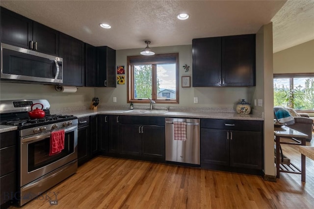 3950 Floweree, Helena, MT 59602 - kitchen featuring stainless steel appliances, a textured ceiling, healthy amount of natural light, light wood-type flooring, and dark cabinets