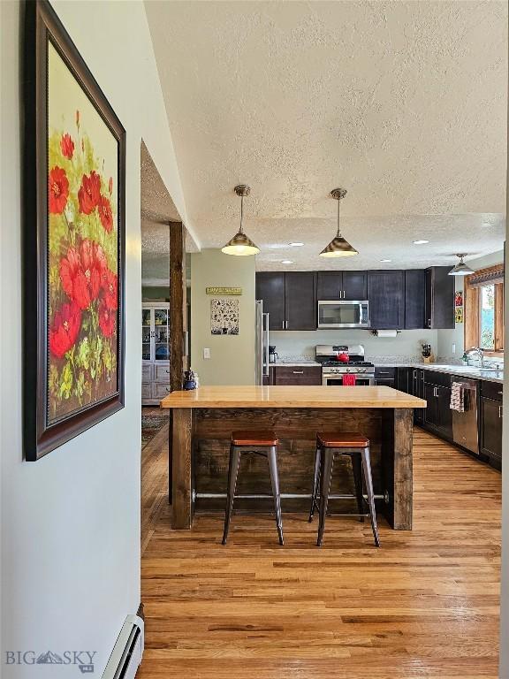 3950 Floweree, Helena, MT 59602 - kitchen featuring stainless steel appliances, a textured ceiling, dark cabinetry, a breakfast bar, and light countertops