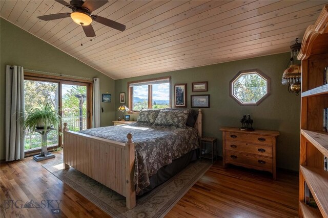 3950 Floweree, Helena, MT 59602 - bedroom featuring wooden ceiling, access to exterior, vaulted ceiling, multiple windows, and wood finished floors