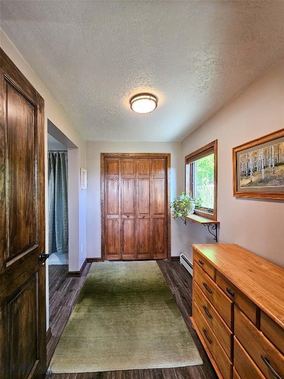 3950 Floweree, Helena, MT 59602 - foyer with dark wood-style flooring, a baseboard radiator, and a textured ceiling