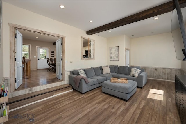 219 W Adams, Three Forks, MT 59752 - living room with wood finished floors, recessed lighting, beamed ceiling, and wainscoting