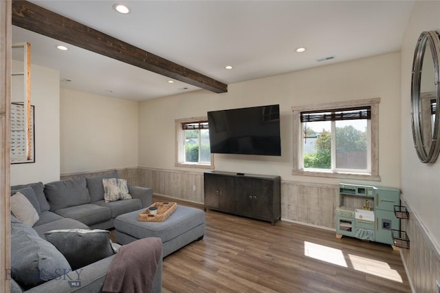 219 W Adams, Three Forks, MT 59752 - living area with wainscoting, wood finished floors, recessed lighting, and beam ceiling