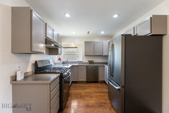 1002 E Northern Pacific Ave, Belgrade, MT 59714 - kitchen featuring stainless steel appliances, under cabinet range hood, dark wood-style floors, gray cabinets, and recessed lighting