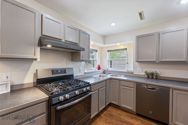 1002 E Northern Pacific Ave, Belgrade, MT 59714 - kitchen featuring stainless steel appliances, under cabinet range hood, gray cabinets, dark wood-style floors, and recessed lighting