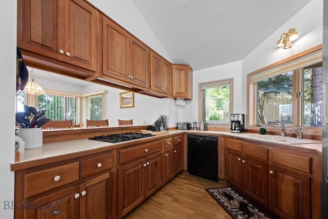 8A Gallatin Dr, Bozeman, MT 59718 - kitchen with black appliances, brown cabinets, a textured ceiling, light wood-style flooring, and lofted ceiling
