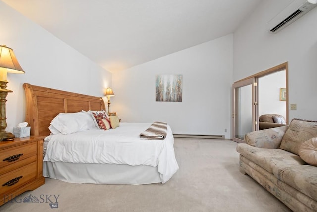 8A Gallatin Dr, Bozeman, MT 59718 - bedroom with an AC wall unit, light carpet, a baseboard radiator, and high vaulted ceiling