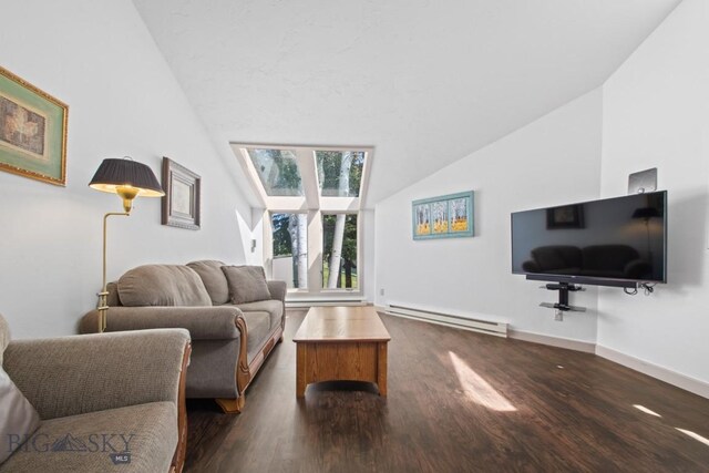 8A Gallatin Dr, Bozeman, MT 59718 - living room featuring baseboard heating, dark wood-style floors, lofted ceiling, and a skylight