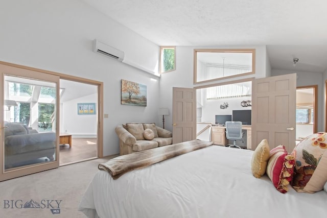 8A Gallatin Dr, Bozeman, MT 59718 - carpeted bedroom featuring an AC wall unit, access to exterior, an office area, multiple windows, and high vaulted ceiling