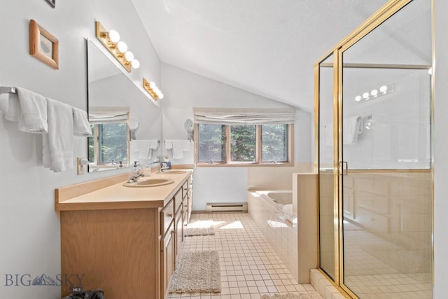 8A Gallatin Dr, Bozeman, MT 59718 - full bathroom featuring a baseboard radiator, vaulted ceiling, double vanity, a bath, and a shower stall