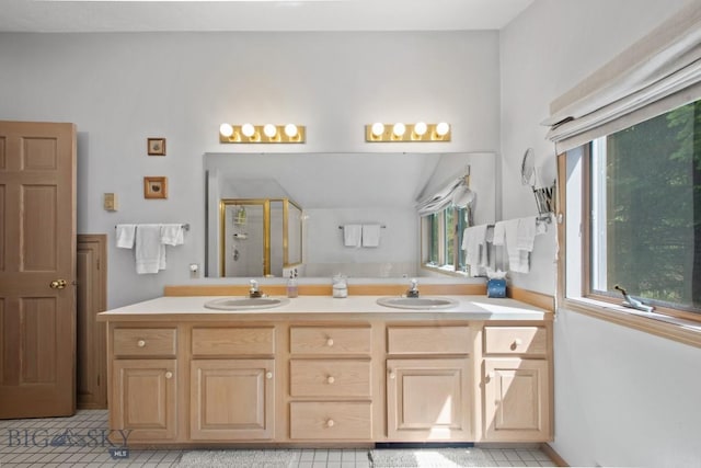 8A Gallatin Dr, Bozeman, MT 59718 - full bath featuring double vanity, a stall shower, and tile patterned flooring