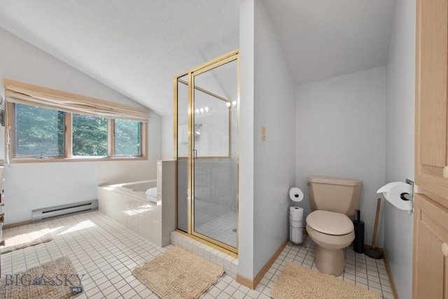 8A Gallatin Dr, Bozeman, MT 59718 - full bathroom featuring a baseboard radiator, vaulted ceiling, a garden tub, a stall shower, and tile patterned floors