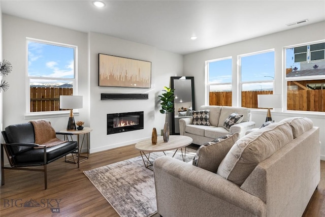 608 Mira Way Unit A, Belgrade, MT 59714 - living area with dark wood-type flooring, a glass covered fireplace, and recessed lighting