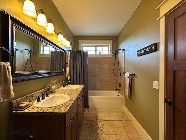64 Mountain View Trl, White Sulphur Springs, MT 59645 - full bath featuring shower / bath combination with curtain, double vanity, and tile patterned flooring