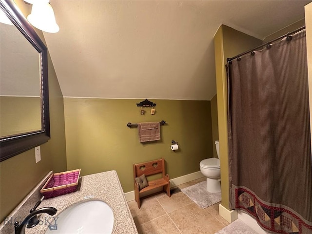 64 Mountain View Trl, White Sulphur Springs, MT 59645 - full bathroom featuring vanity, lofted ceiling, tile patterned flooring, and a shower with curtain