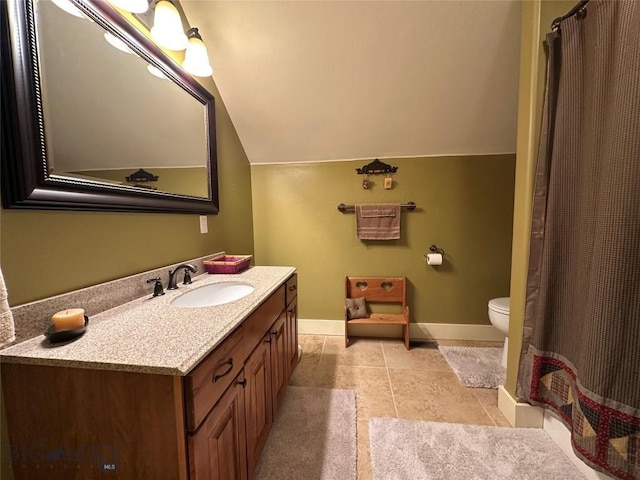 64 Mountain View Trl, White Sulphur Springs, MT 59645 - bathroom with lofted ceiling, vanity, and a shower with curtain