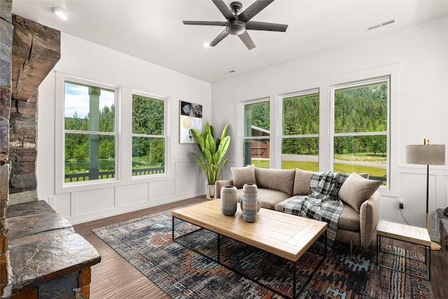 189 Blue Creek Rd, Heron, MT 59844 - living room with ceiling fan and wood finished floors