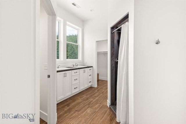189 Blue Creek Rd, Heron, MT 59844 - bathroom with wood finished floors, double vanity, a shower with shower curtain, and a spacious closet