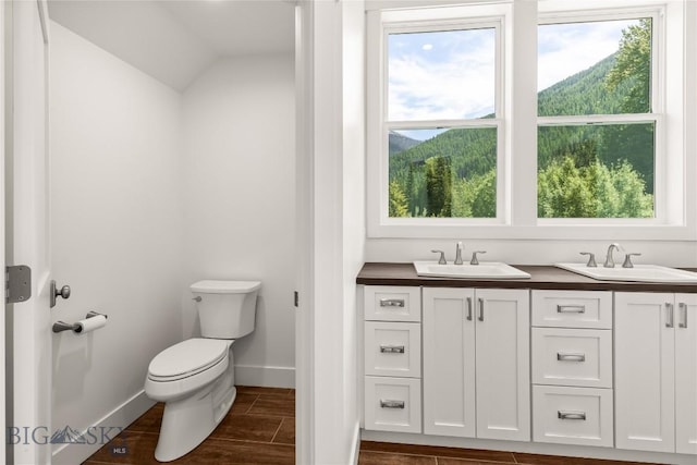 189 Blue Creek Rd, Heron, MT 59844 - bathroom with plenty of natural light, wood tiled floors, lofted ceiling, and double vanity