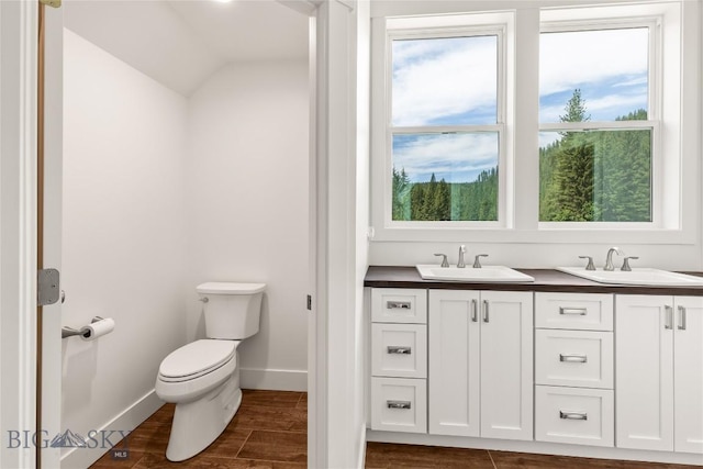 189 Blue Creek Rd, Heron, MT 59844 - bathroom with wood finished floors, plenty of natural light, lofted ceiling, and double vanity