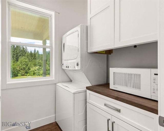 189 Blue Creek Rd, Heron, MT 59844 - washroom featuring stacked washer / drying machine and cabinet space