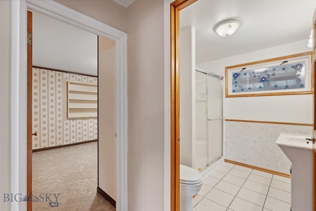 225 Mountain View Dr S, Anaconda, MT 59711 - bathroom with wallpapered walls, a stall shower, and tile patterned floors