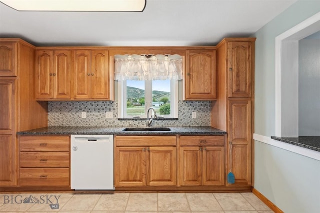 225 Mountain View Dr S, Anaconda, MT 59711 - kitchen featuring dishwasher, backsplash, brown cabinetry, and dark stone counters