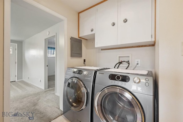 225 Mountain View Dr S, Anaconda, MT 59711 - washroom with electric panel, cabinet space, independent washer and dryer, and light colored carpet
