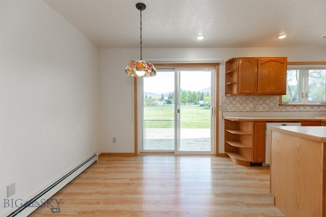 507 E Poppleton, Sheridan, MT 59749 - kitchen featuring open shelves, a baseboard radiator, dishwasher, light countertops, and recessed lighting