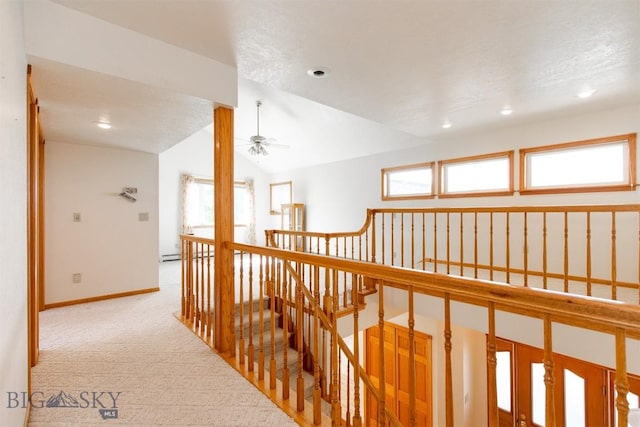 507 E Poppleton, Sheridan, MT 59749 - hallway featuring an upstairs landing, carpet floors, recessed lighting, and lofted ceiling