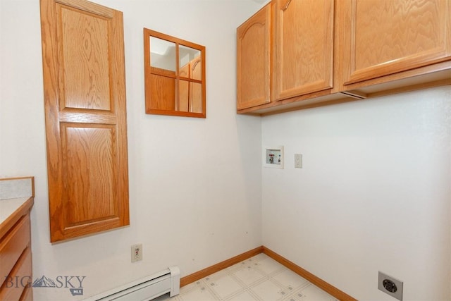 507 E Poppleton, Sheridan, MT 59749 - washroom with hookup for an electric dryer, cabinet space, hookup for a washing machine, light floors, and baseboard heating