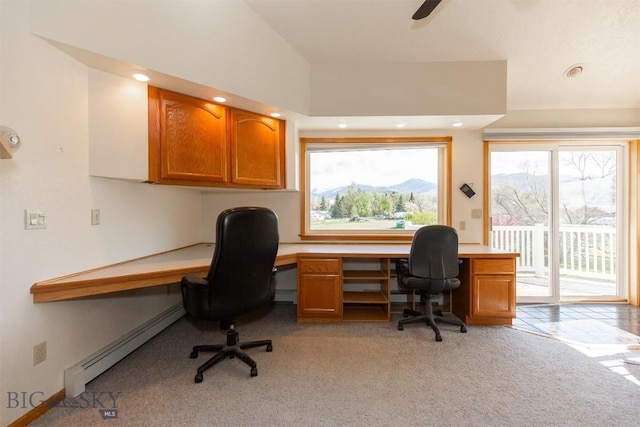 507 E Poppleton, Sheridan, MT 59749 - office featuring a baseboard heating unit, light colored carpet, recessed lighting, built in desk, and a ceiling fan