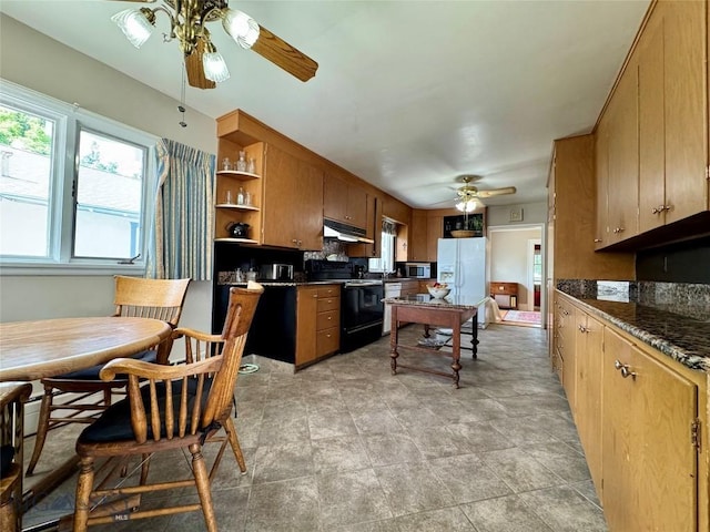 108 S 8th St, Livingston, MT 59047 - kitchen with electric range, ceiling fan, under cabinet range hood, stainless steel microwave, and white refrigerator with ice dispenser