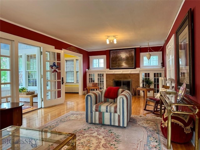 108 S 8th St, Livingston, MT 59047 - living area featuring radiator, wood finished floors, crown molding, and a brick fireplace