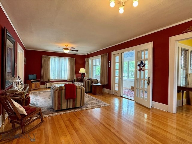 108 S 8th St, Livingston, MT 59047 - living room with radiator, wood finished floors, crown molding, and ceiling fan