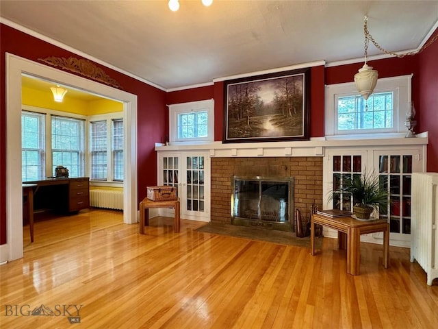 108 S 8th St, Livingston, MT 59047 - unfurnished living room with radiator heating unit, a brick fireplace, crown molding, and wood finished floors