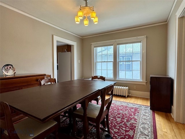 108 S 8th St, Livingston, MT 59047 - dining room featuring radiator, a chandelier, light wood-type flooring, and ornamental molding