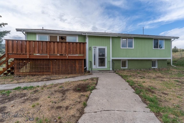 3 Evening Star Dr, Emigrant, MT 59027 - view of front of property with a wooden deck, ceiling fan, and stairs