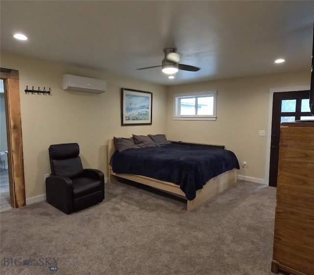 701 Barnett St, Dillon, MT 59725 - bedroom featuring a wall mounted air conditioner, carpet floors, recessed lighting, and a ceiling fan