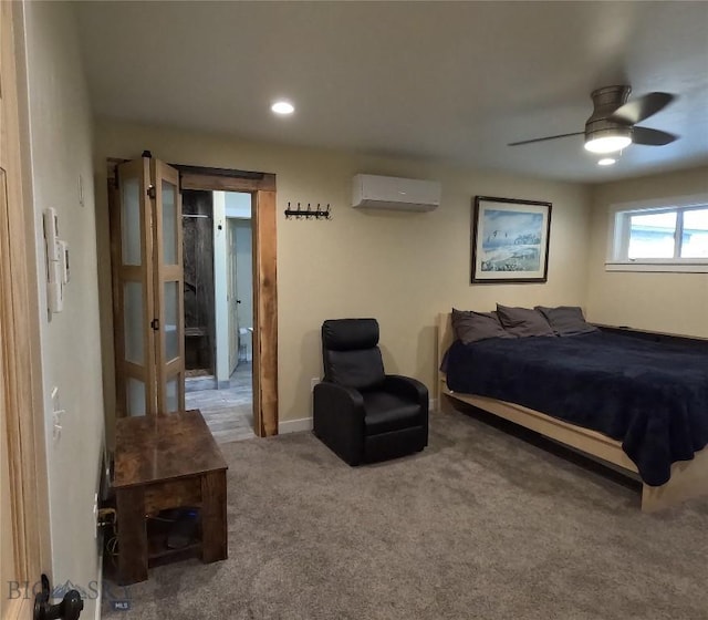 701 Barnett St, Dillon, MT 59725 - bedroom featuring an AC wall unit, recessed lighting, a ceiling fan, and carpet floors