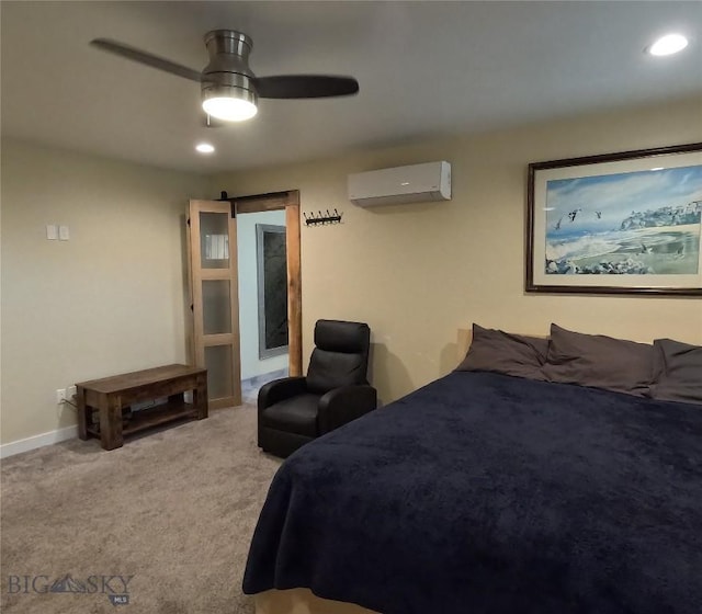 701 Barnett St, Dillon, MT 59725 - bedroom featuring a wall mounted air conditioner, carpet flooring, a ceiling fan, and recessed lighting