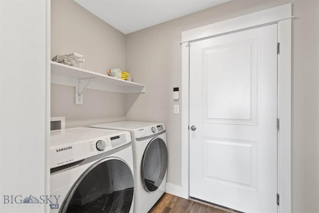 5197 Samantha Ln Unit B, Bozeman, MT 59718 - washroom featuring separate washer and dryer and dark wood-style flooring