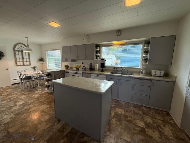 2821 Edwards, Butte, MT 59701 - kitchen with open shelves, gray cabinetry, white dishwasher, a center island, and stone finish floors