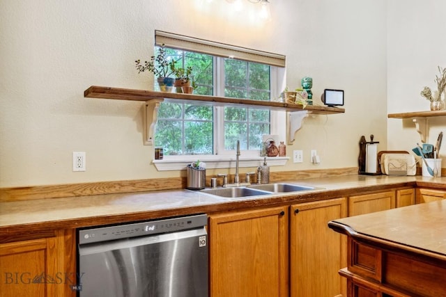 2801 W Villard St, Bozeman, MT 59718 - kitchen with stainless steel dishwasher, light countertops, brown cabinets, and open shelves
